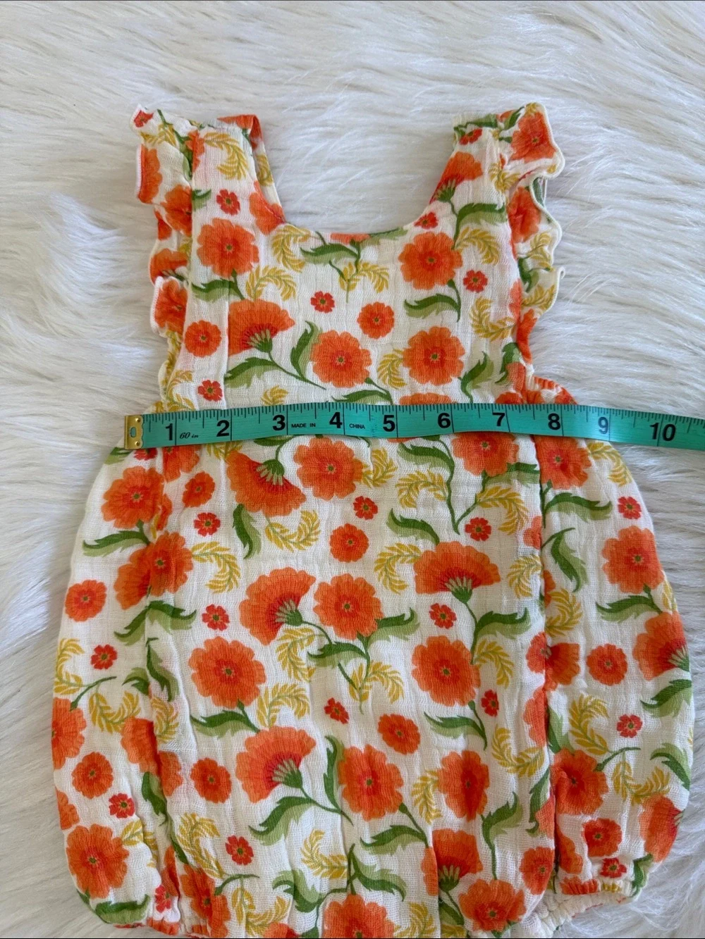 Angel Dear Muslin Orange Marigold Ruffle Sun Bubble Baby Romper Size 6-12 Month